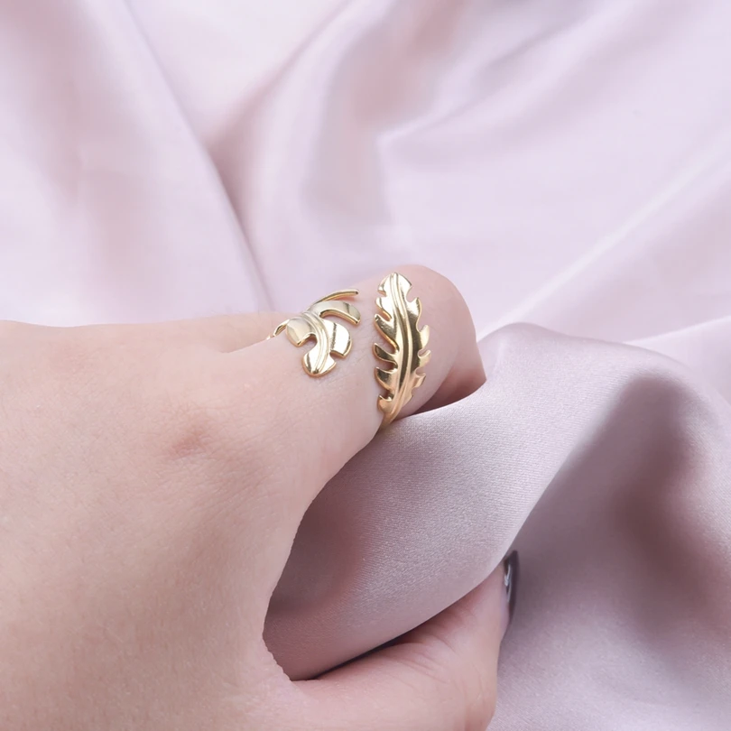 Adjustable Stainless Steel Beads Ball Leaf Ring Set