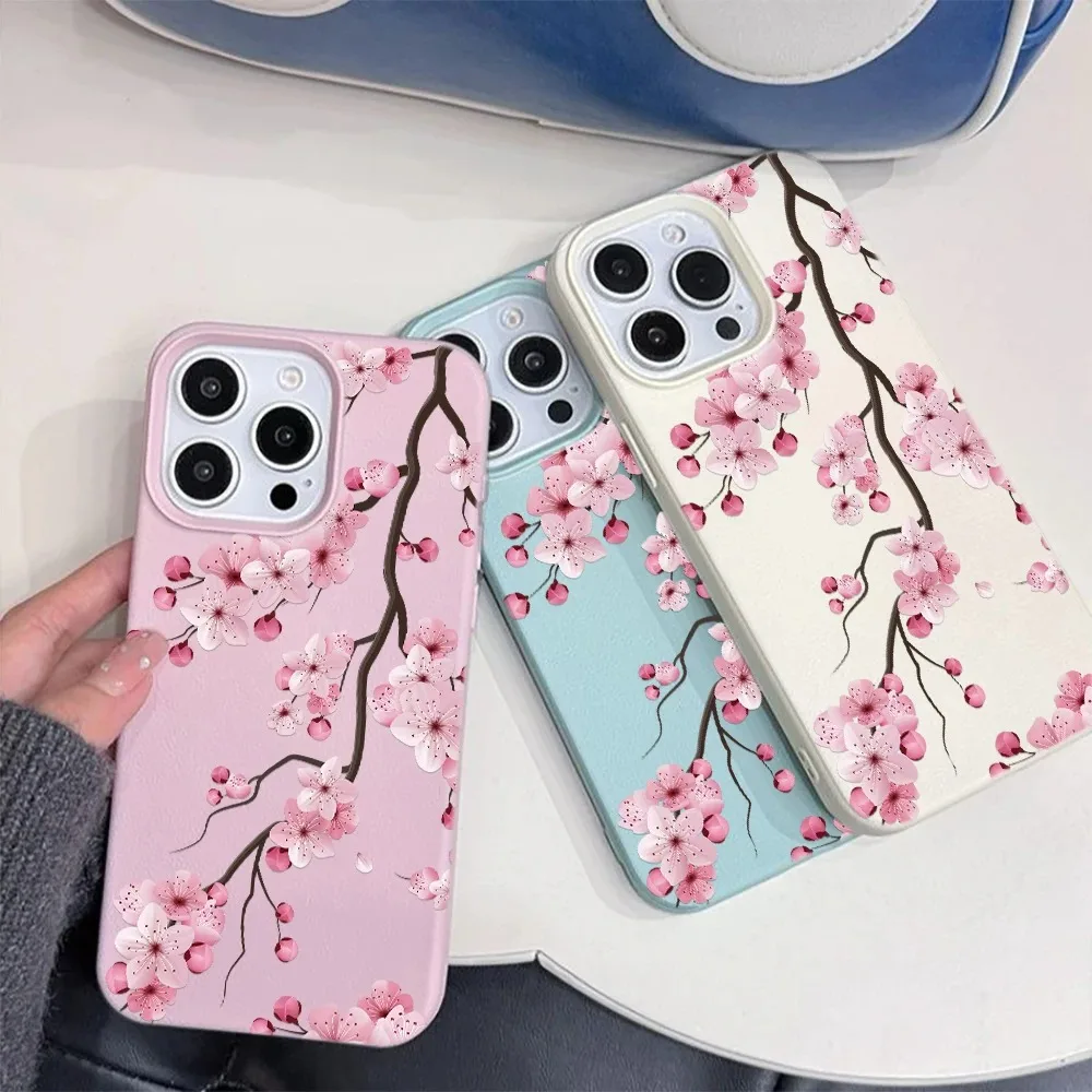 

Leather Texture Cherry Blossom Phone Case For iPhone 17 16 15 14 Plus 13 12 11 Pro MAX 17 Air Soft Spring Floral Japanese Case