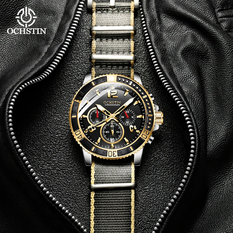 OCHSTIN Man Original Multi-functional Quartz Movement Premium All-match Outdoor Watch Robust Alloy Frame Men's Nylon Strap Clock
