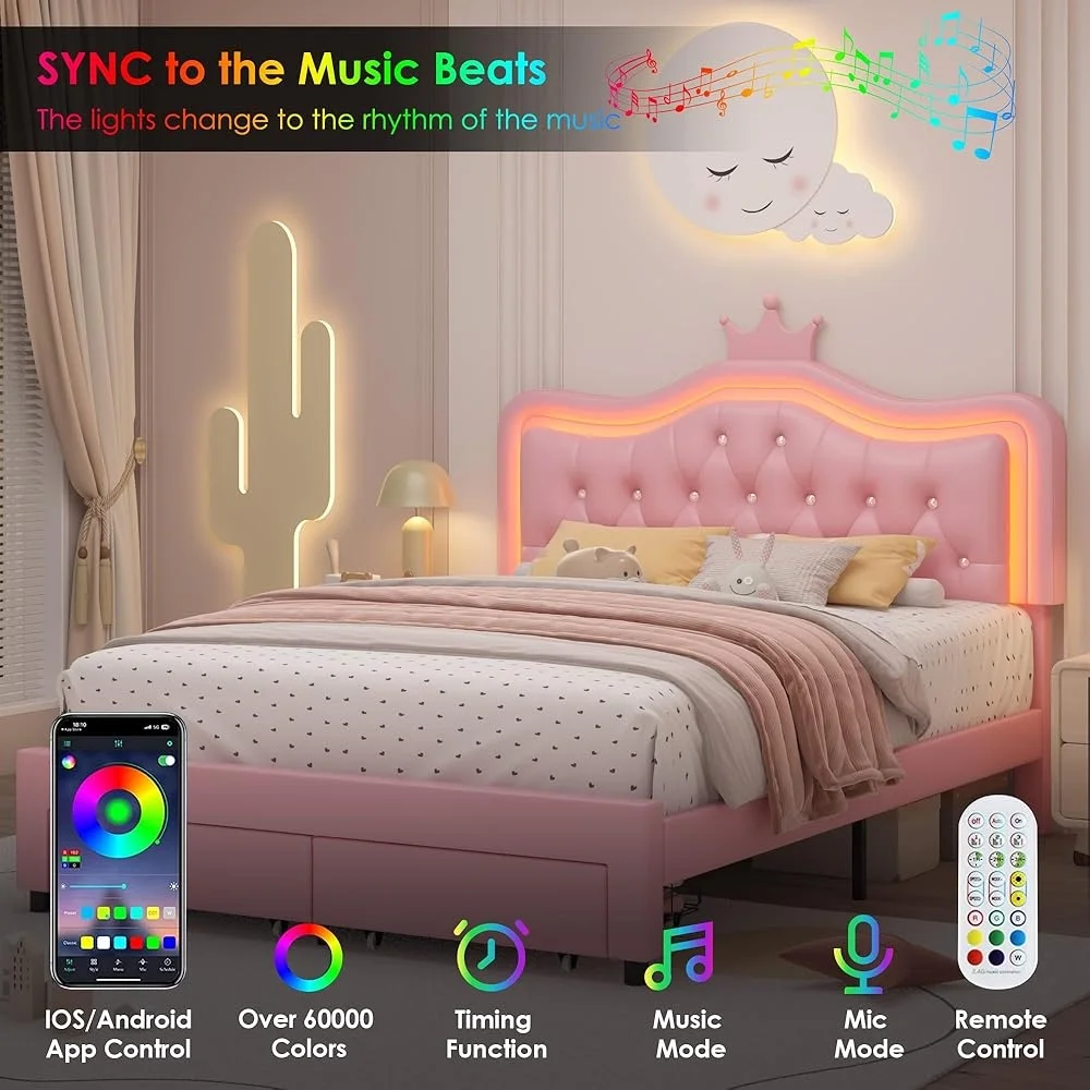 Full Upholstered LED Bed Frame with Storage Drawers Adjustable Crown Headboard Tufted Crystal Soft Leather Platform Bed