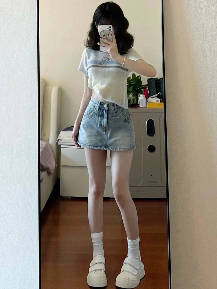 American retro washed high-waisted denim skirt women's summer new versatile half-body skirt sub design sense package hip shorts