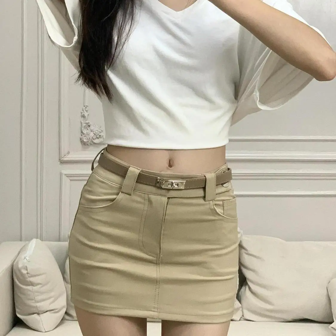 Spicy Girl Khaki Short Skirt Women's Fashion Design High Waist Polyester Fiber Standard Version Daily Use Autumn New Style