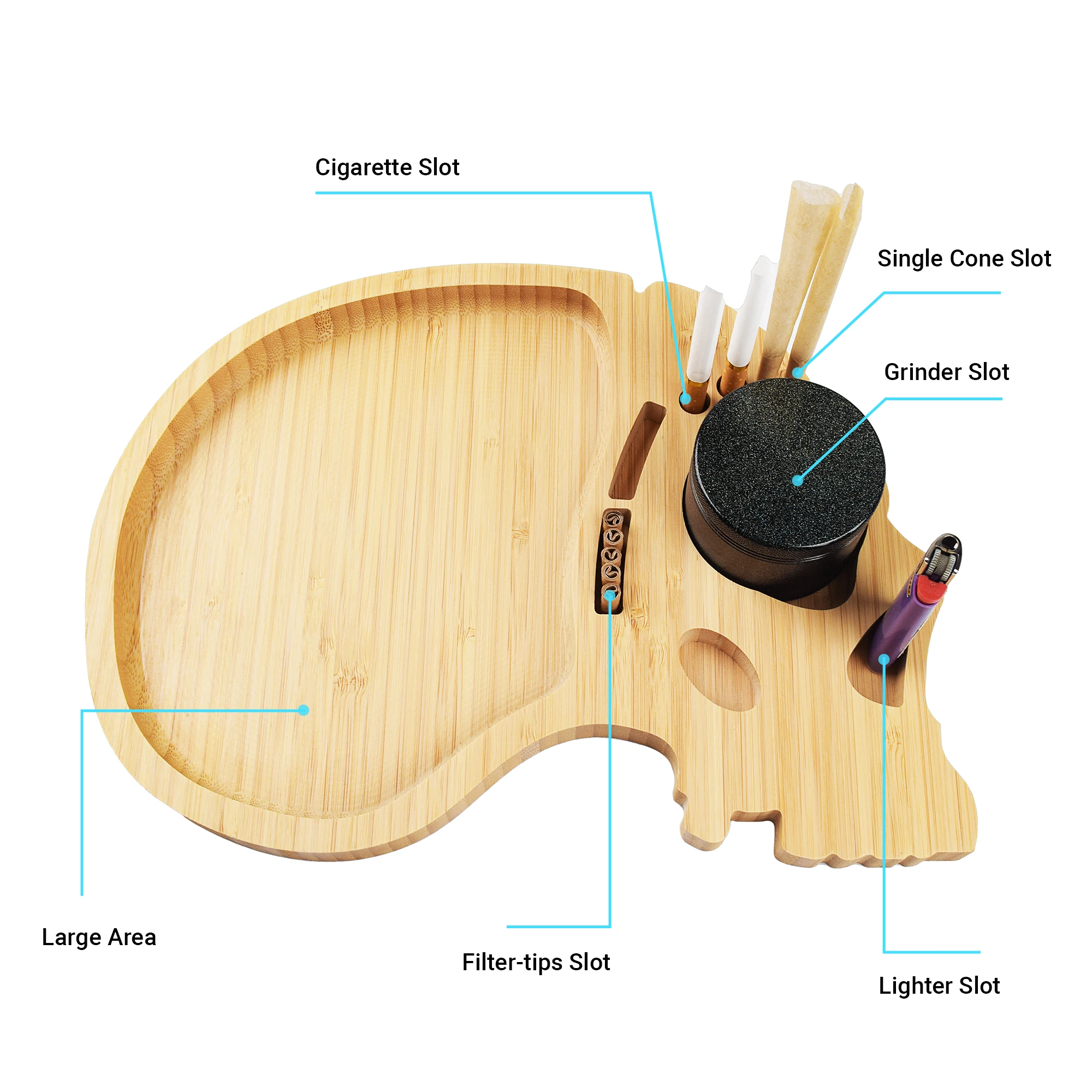 Bamboo Rolling Tray, Durable Large Smoke Tray, Cigarette Tray with Rolling Paper Grinder Filter-tips Cigarette and Lighter Slot