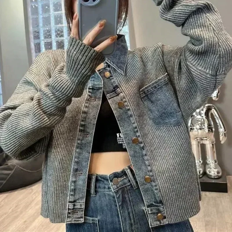 Korean Style Design Niche Loose and Western-style Sweater Women\'s 2024 Autumn New Denim Patchwork Knitted Top Fashionable Jacket