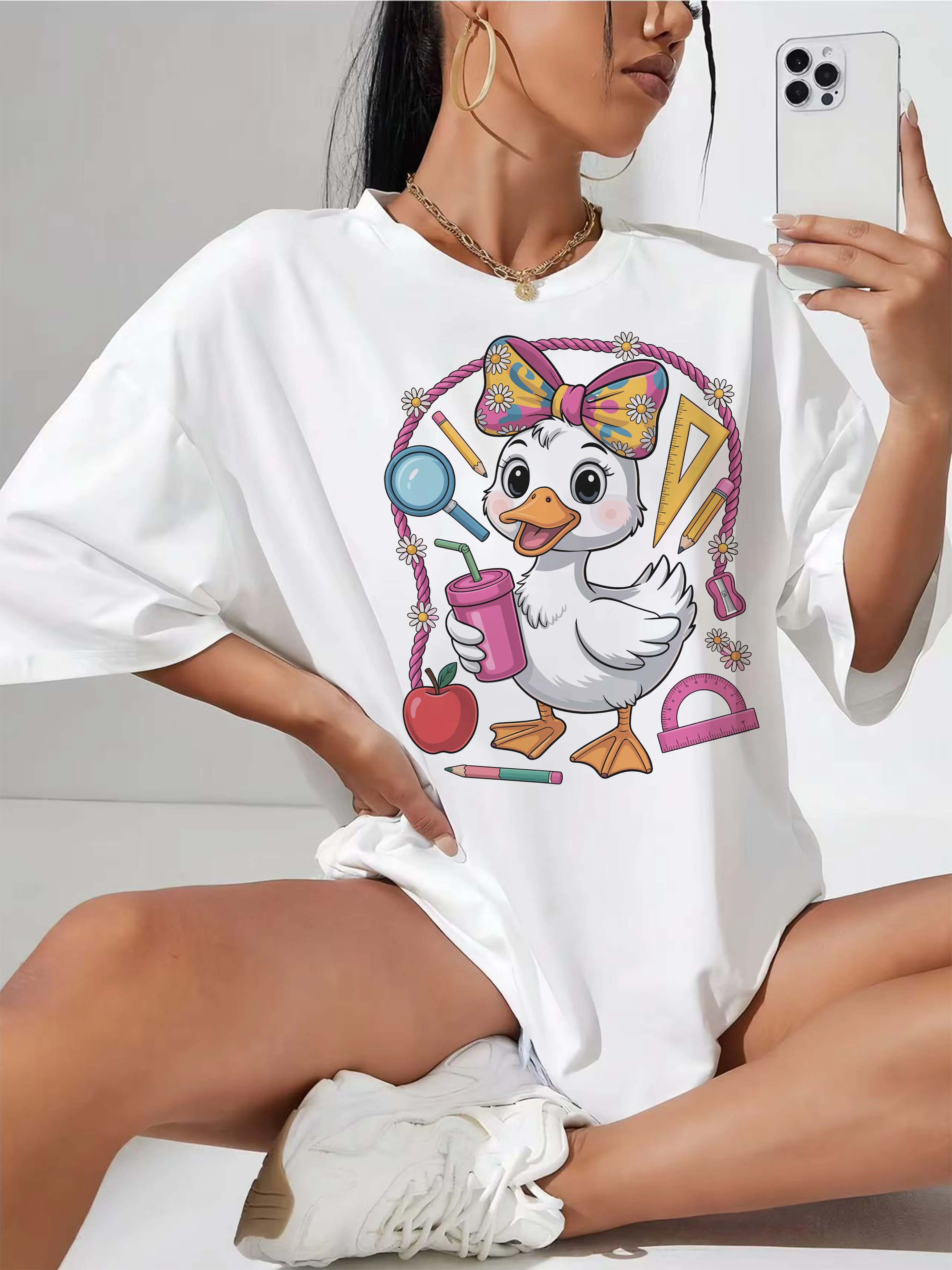 

Женская удобная белая футболка Preppy Goose Coquette Back To School, модная, свободная, идеально подходит для после беременных, лето