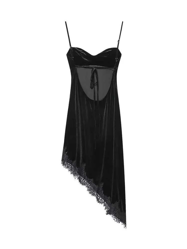 فستان حفلات نسائي أنيق من NLZGMSJ موضة ربيع 2026 مُزين بالدانتيل بدون أكمام بدون ظهر ورقبة مستقيمة فستان طويل ميدي مخملي نحيف