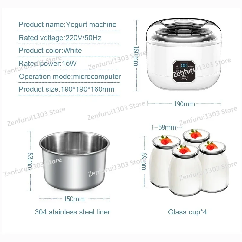 Electric Yogurt Maker Automatic Multifunction Natto Rice Wine Yoghurt Fermenter Machine 1L Stainless Steel Liner 4 Leben Cups EU