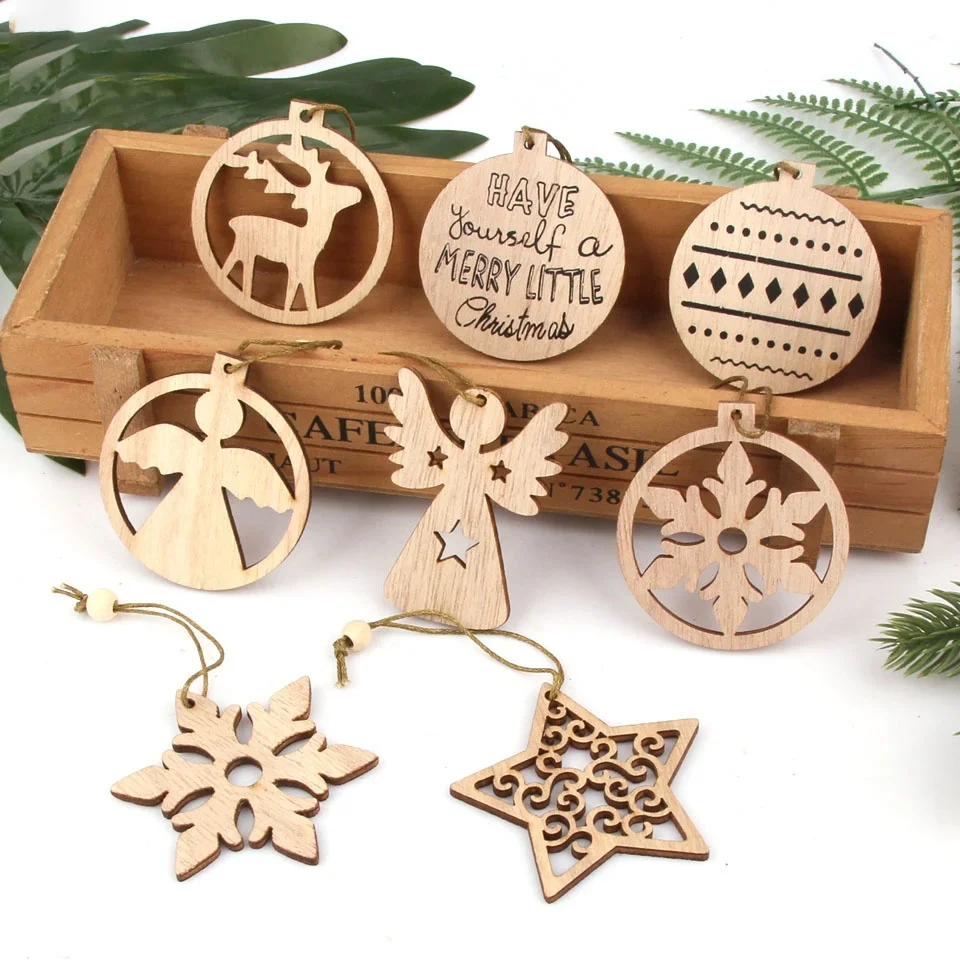 12PCS Christmas Wooden Pendants No Box Hallow Star/Angel/Tree Ornaments Home Xmas Tree Hanging Decoration Kids Gift Supplies