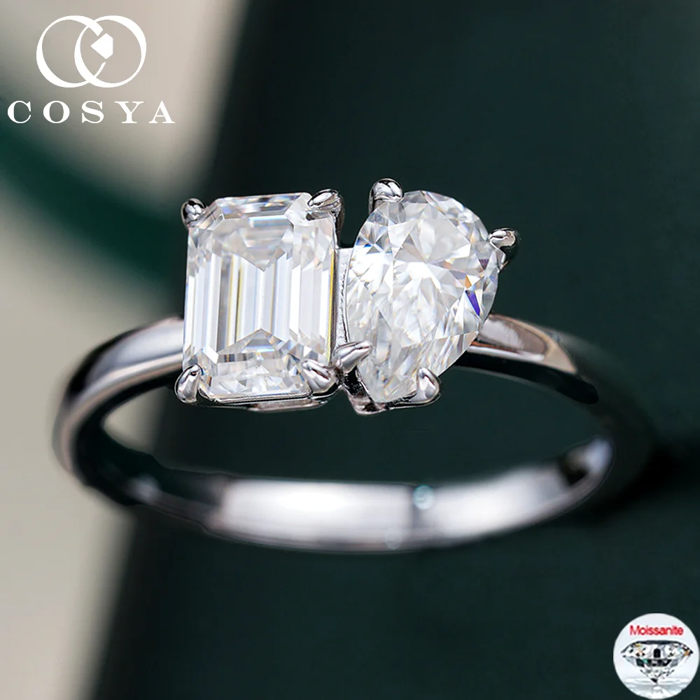 

COSYA 2/4CT Moissanite 2-stone Ring 100% S925 Silver Sparkling Emerald/Pear Lab Diamond Wedding Band For Women Fine Jewelry Gift