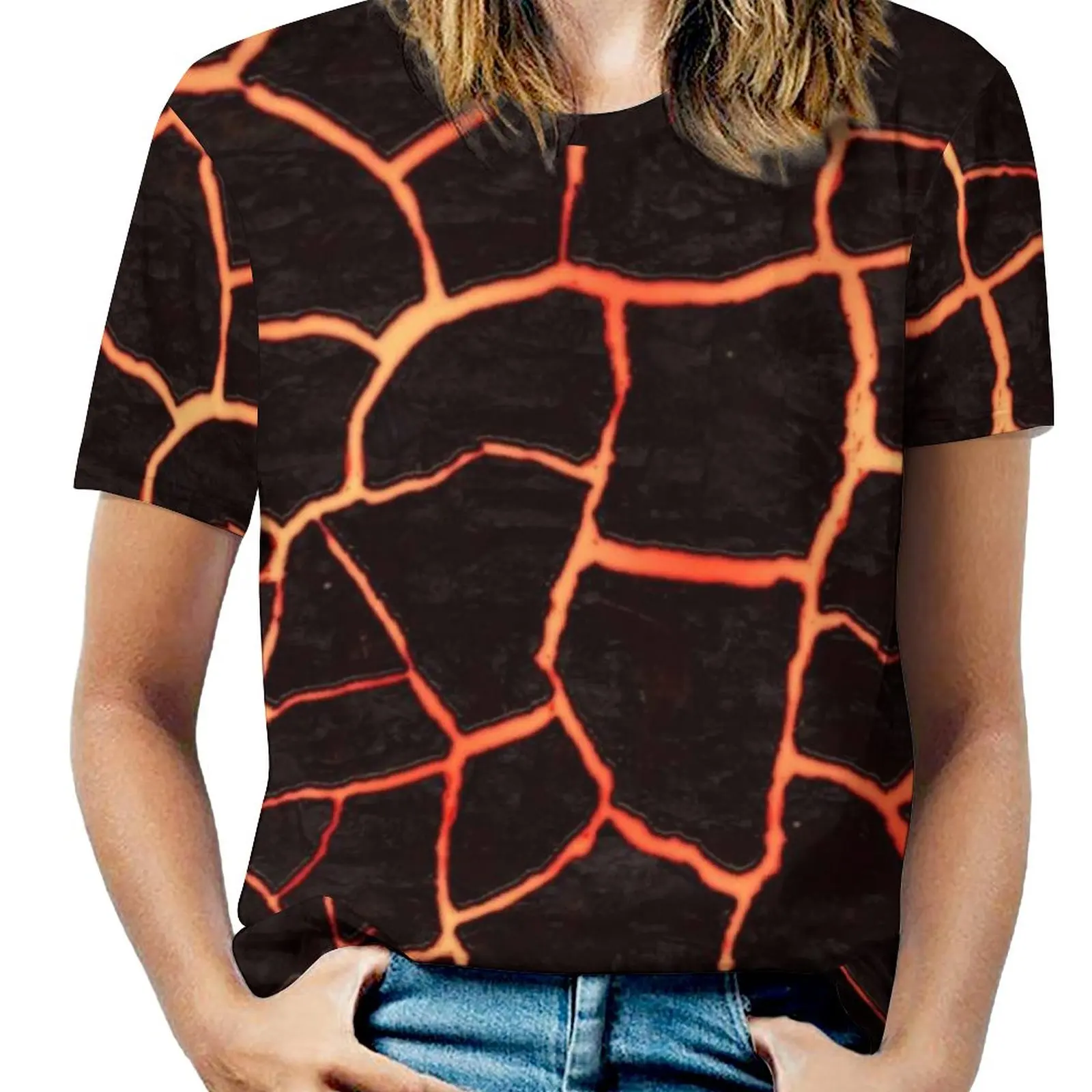 Magma Woman'S T-Shirt Spring And Summer Printed T Shirts Crew Neck Pullover Top Magma Lava Fire Hot Igni Flame Vulcan Volcano