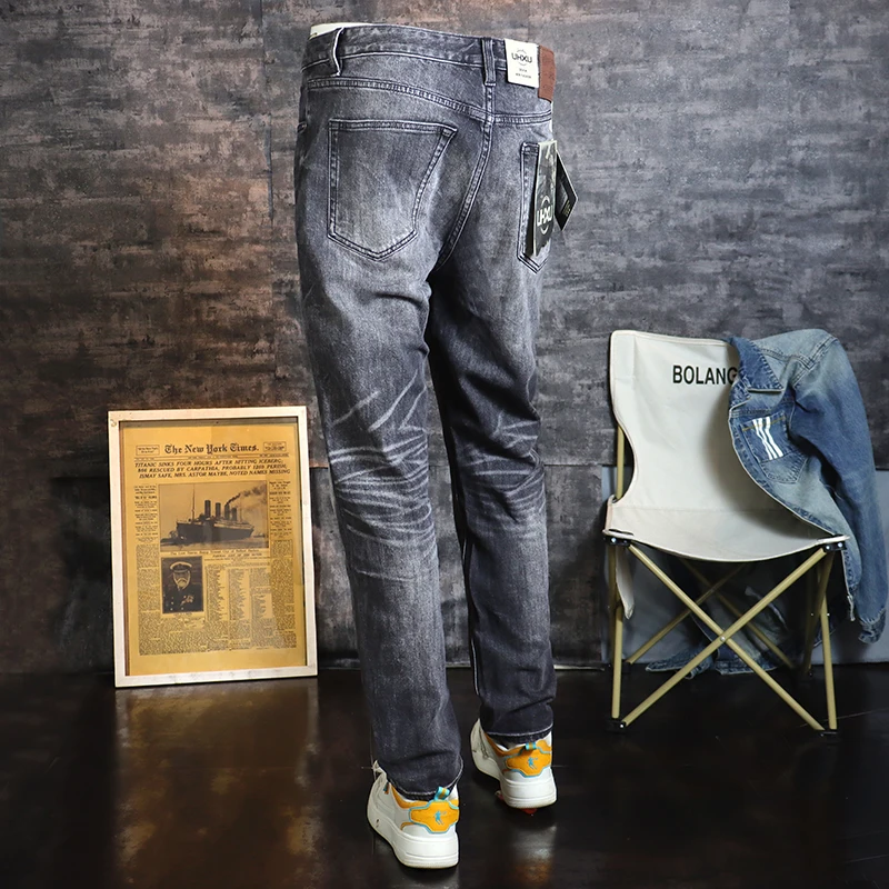 Italian Fashion Men Jeans Retro Black Gray Stretch Slim Fit Vintage Jeans Men High Quality Casual Trousers Designer Denim Pants