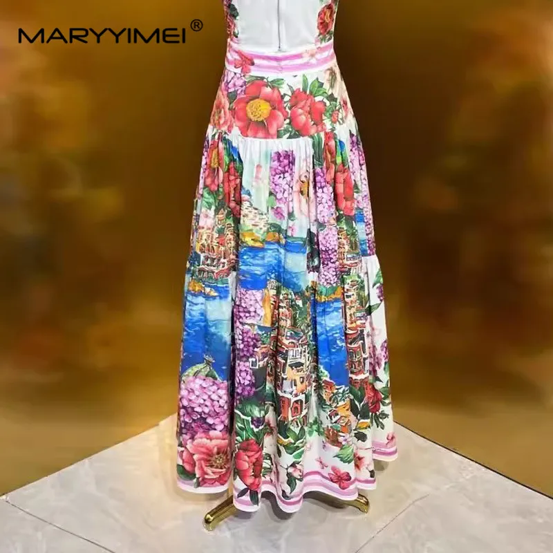 MARYYIMEI Elegant Vacation Floral Women\'s Summer Fashion Print Design Slim Cotton Pleated Skirt