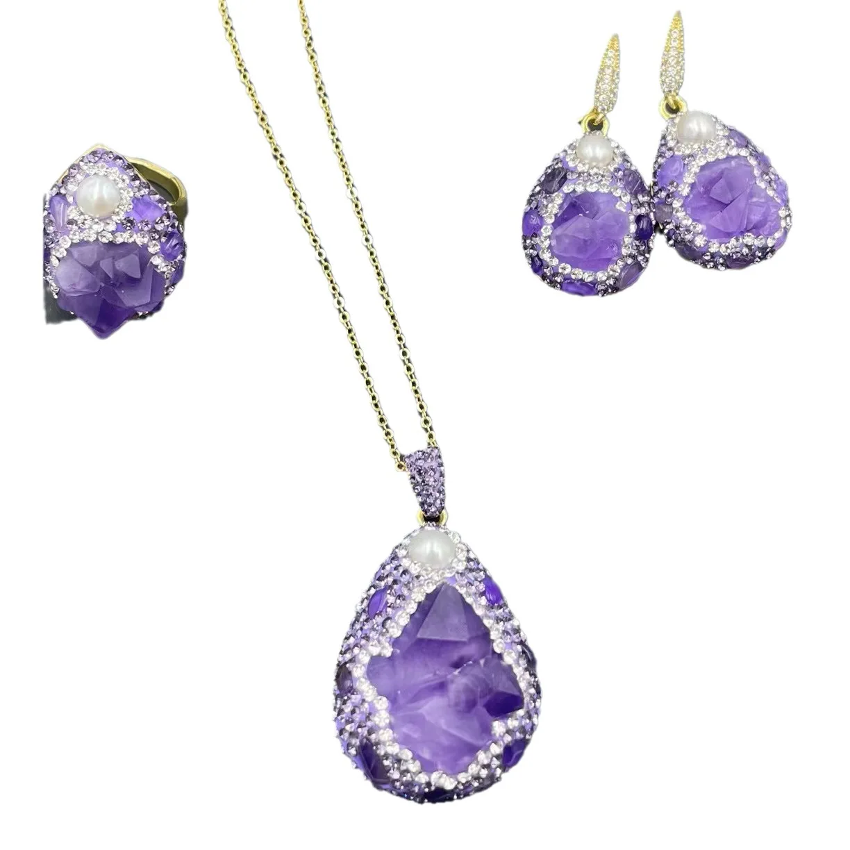 

ST026 Natural Amethyst Freshwater Pearl Hand Inlaid Design High Grade Rough Rhinestones Embellish Graceful Style Jewelry Set