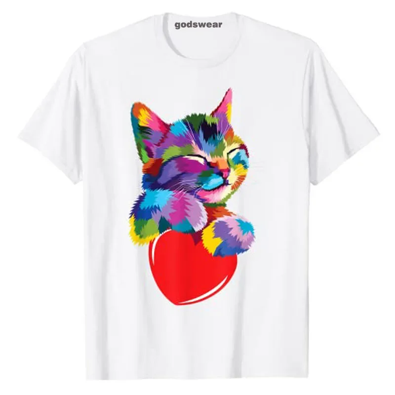 Cute Cat Gift for Kitten Lovers Colorful Art Kitty Adoption T-Shirt Lgbtq Tee Tops Lgbt Pride Human Right Authentic Pop Clothes