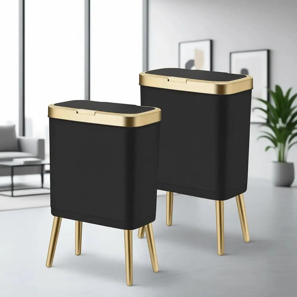 

4 Gallon Gold-Tone Push Button Trash Can with Lid, Ideal for Bathroom, Kitchen, and Toilet (Black, Set of 2)