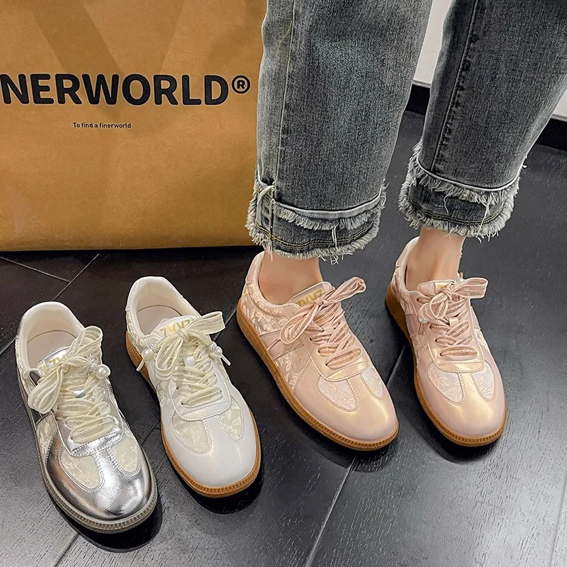 2024 Women Sneakers Spring Autumn Splicing Genuine Leather String Bead Lace-Up Casual Working Shoes Woman New Size 35-40