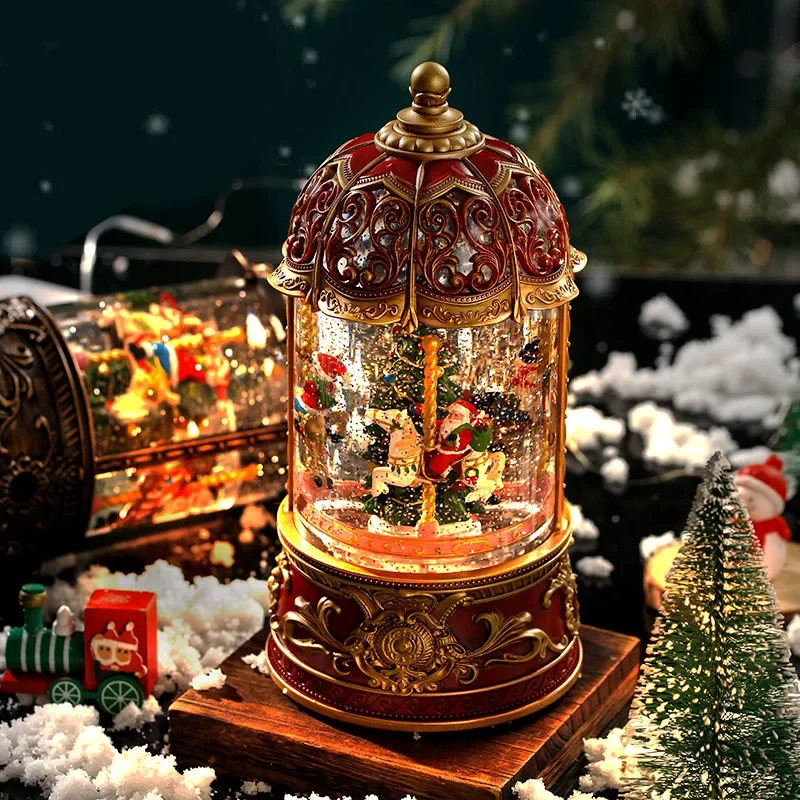 Christmas Xmas Shop Supplies Decoration Tree Cartoon Music Box Snow Crystal Carousel Ornament Ball Light Lamp