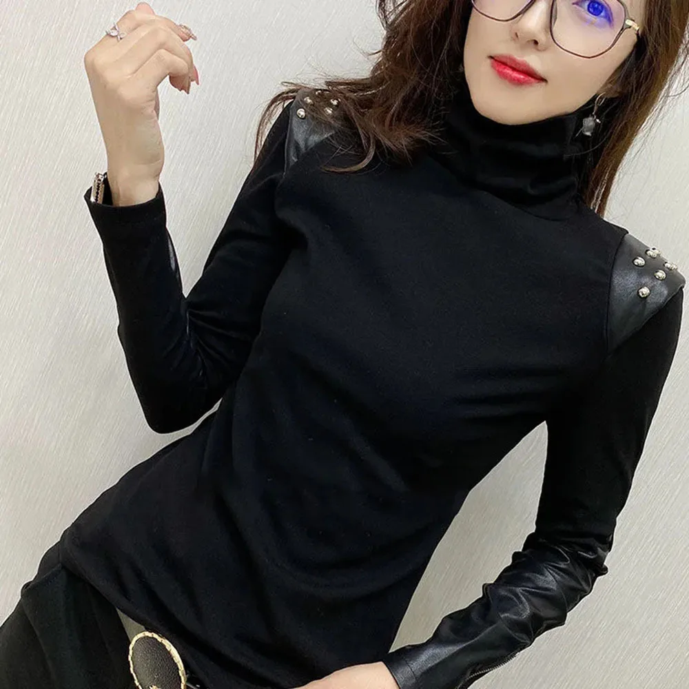 Black Ladies Elegant T-shirts Autumn Winter New Long Sleeve Half High Neck Underlay Shirt Fashion Versatile Leisure Female Tees