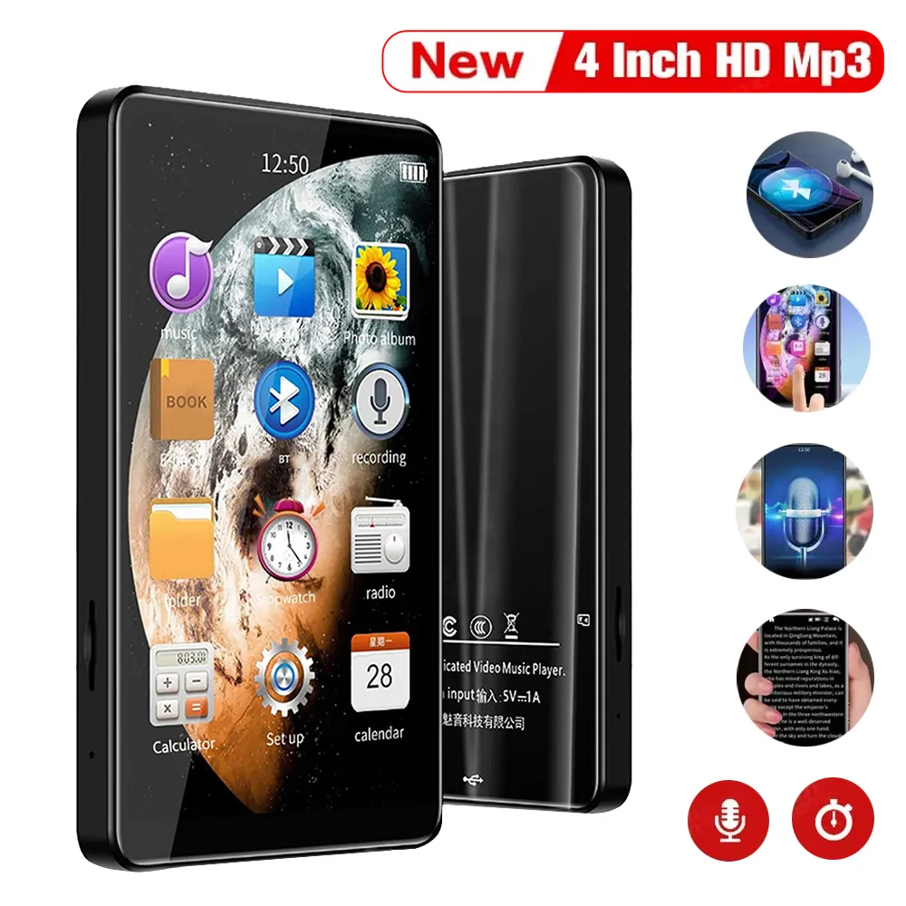 2PCS HD Mp3 Mp4 Player 4 Inch Full Touchscreen Bluetooth 5.2 16GB Built-in Speaker Hifi Music Player FM Radio Record Ebook