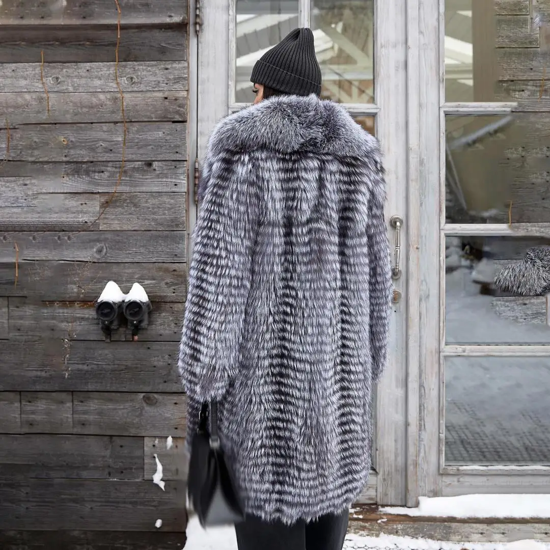 Womens Luxury Winter Real Silver Fox Fur Long Coat Thick Shawl Collar Overcoat Fashion Elegant Natural Fox Fur Warm Outwear