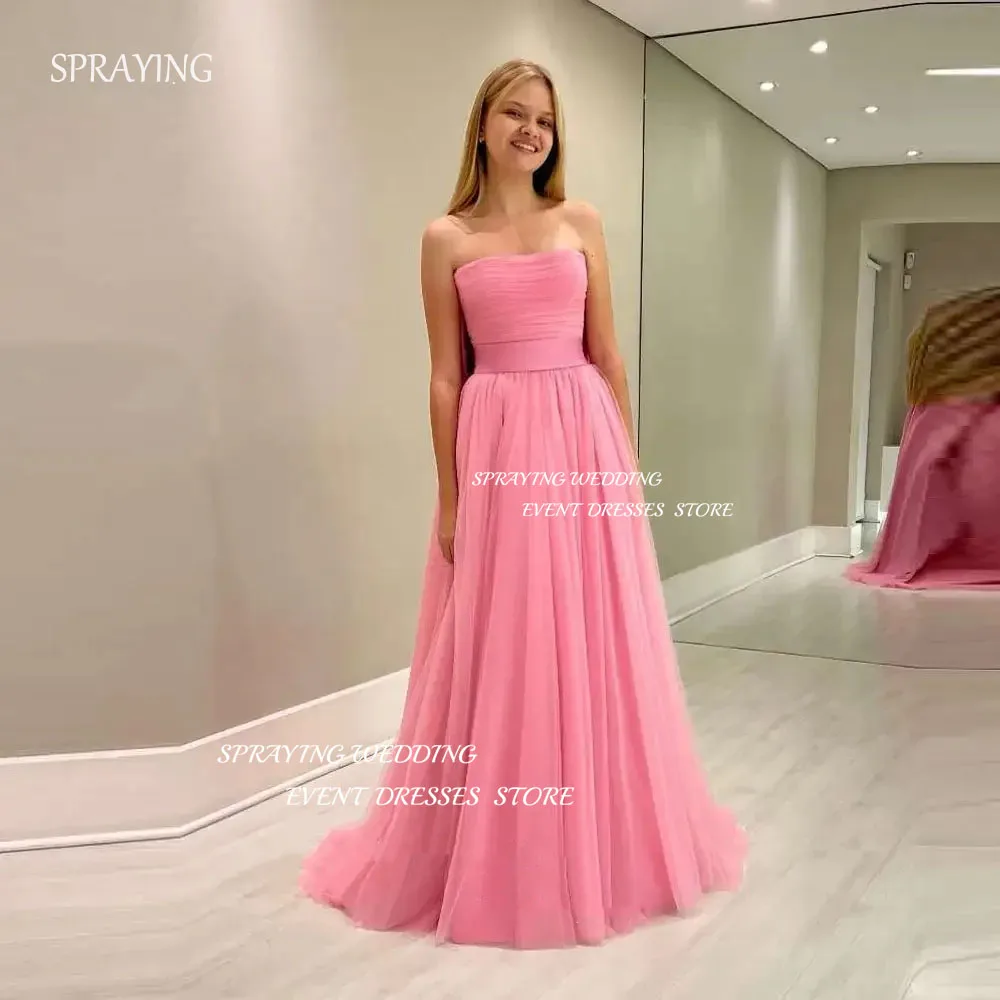 

SPRAYING Simple Strapless A Line Pink Evening Dresses Wedding Party Tulle Floor Length Prom Gowns Formal Occasion Dress Bow Back