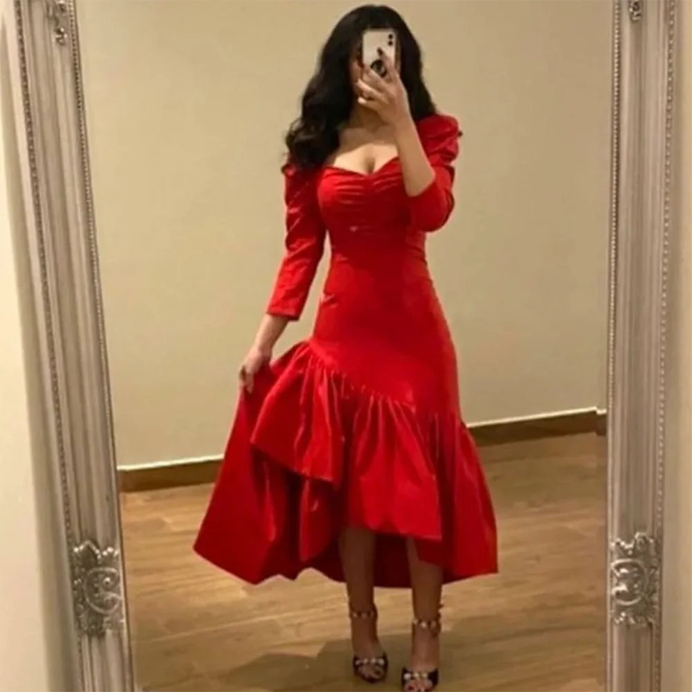 Red Satin Saudi Arabia Prom Dresses 3/4 Sleeves Mermaid Evening Gowns Tea-Length Women Formal Wedding Party Dress