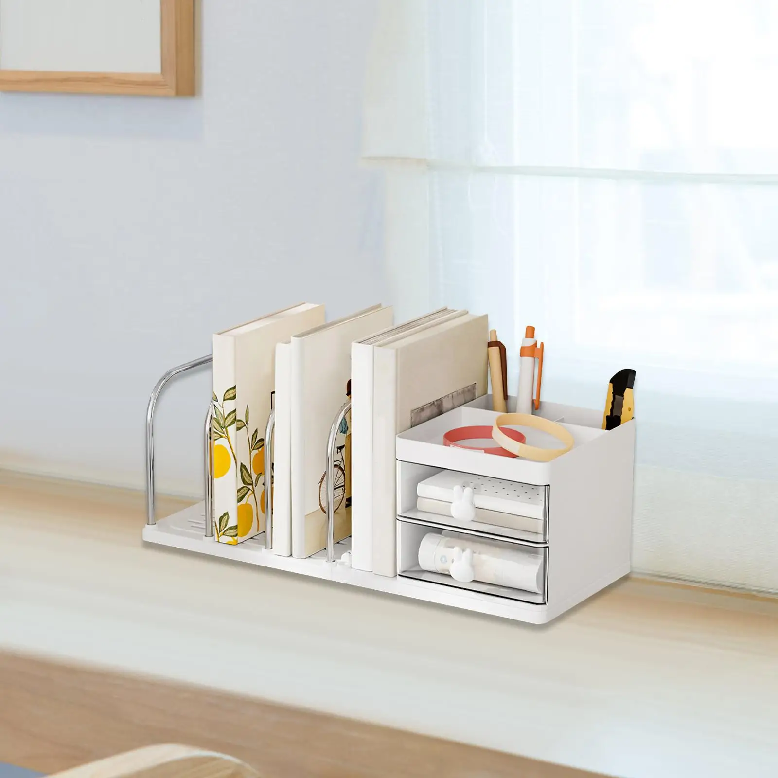 Desk Organizer File Sorter with 2 Drawers Bookshelf Accessories Multifunctional