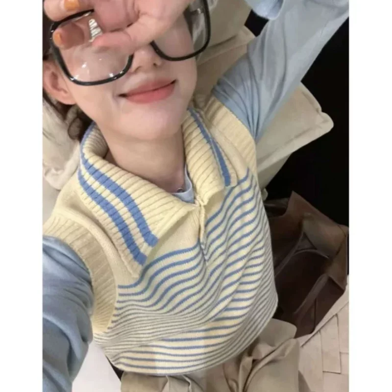 

American style spicy girl striped lapel knit women's vest autumn and winter layered fashion women's sleeveless sweater vest