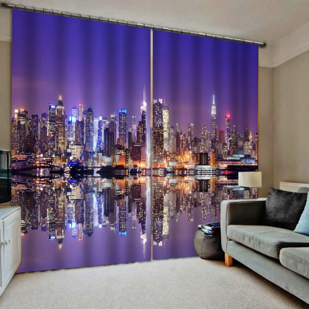 Purple city night curtains 3D Window Curtain print Luxury Blackout For Living Room blackout curtains