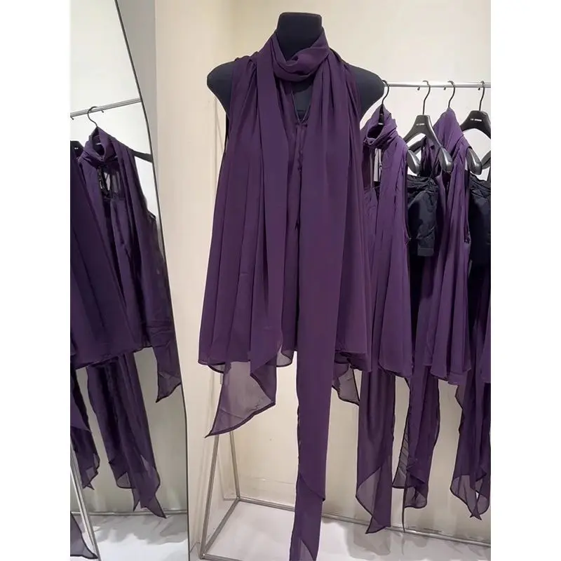 

Летняя женская футболка из шелковой ленточной ткани фиолетового цвета, универсальная, в корейском стиле, свободного кроя, с круглым вырезом