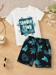 Boys 2pcs Trendy Summer Time Coconut Tree Print Short Sleeve Outfit, Tee & Shorts Set, Kids Beach Clothes