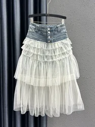 Fashion Design Skirts Lace Denim Patchwork Button Ruffles High Waist Skirt for Women Vintage Summer Female Slim 2024 Clothing