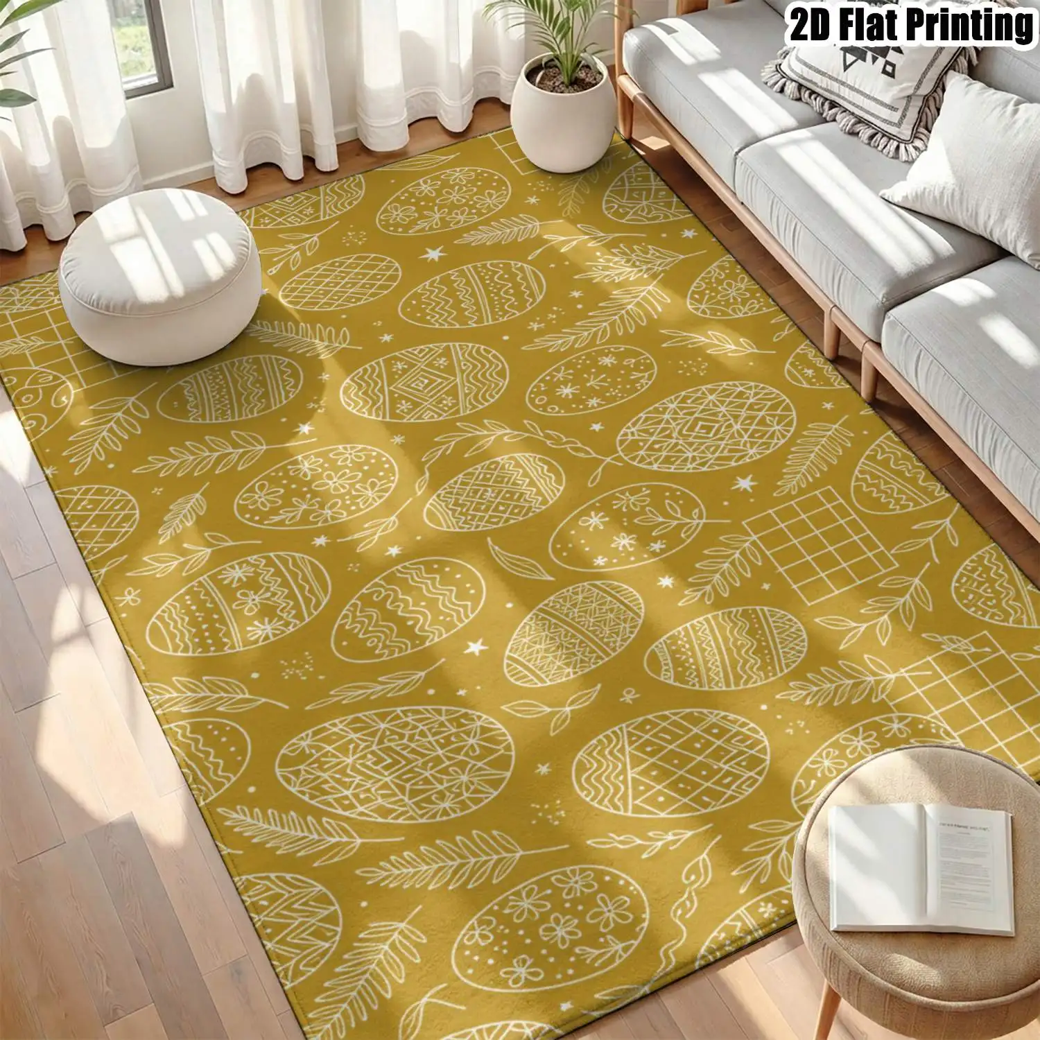 1Pc 2D Printed Carpet: Earth-Yellow Lines, Egg-Shaped Leaf Patterns Nordic-Style, Instagram-Worthy, Machine Washable, Multi-Size for Home Decor.