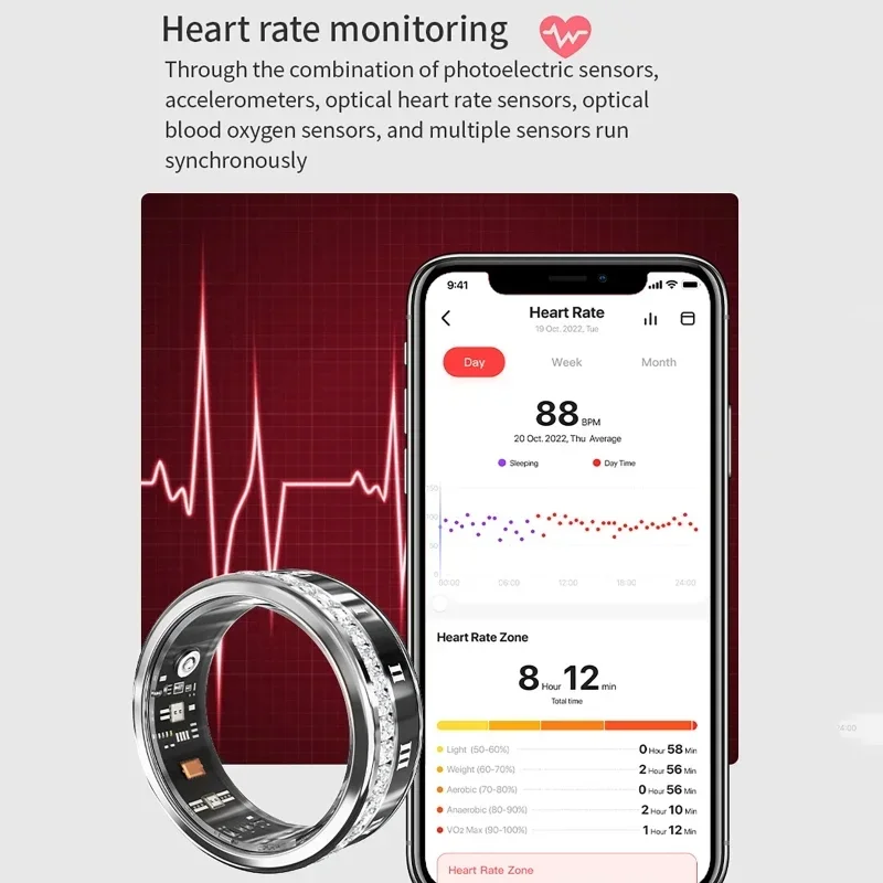 남성과 여성을위한 다이아몬드 스마트 링 티타늄 스틸 밴드 블루투스 방수 단계 수면 심박수 모니터 결혼 반지 쥬얼리