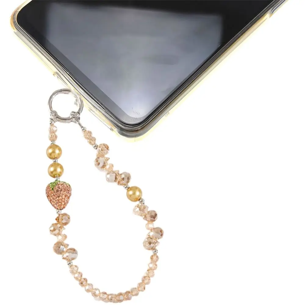 

With Clip Strawberry Crystal Pendant Anti-lost Short Bling Strawberry Phone Chain Bag Charms Jewelry Pearl Mobile Phone Lanyard