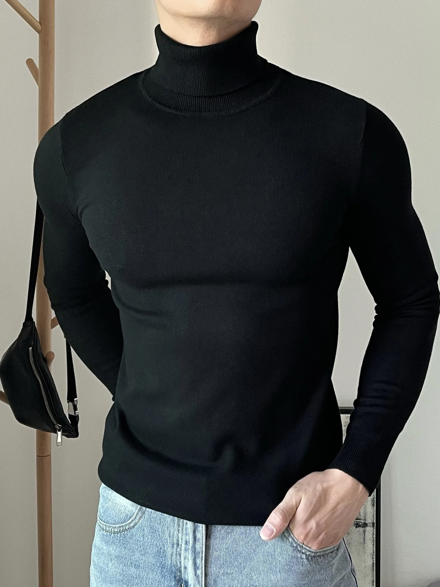 

Корейский мужской вязаный свитер с высоким воротником на подкладке, дышащее мягкое полиэфирное волокно, повседневная одежда для молодежи