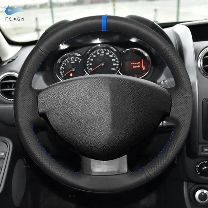 Hand Sewing Car Steering Wheel Leather Cover For Dacia Renault Duster 2010-2016 Dokker Lodgy 2012-2016 with Blue Threads Stripe