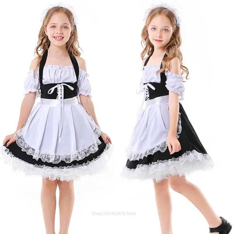French Style Kids Lovely Maid Cosplay Costume for Girls Lolita Uniform Children Stage Performance Holder Dress Halloween Gift