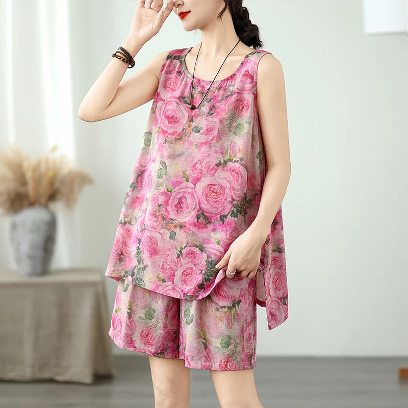 

Women Fashion Ladies Sleeveless Blouses Loose Wide Leg Mini Shorts Oversized Summer Flower Floral Pink 2 Two Piece Set
