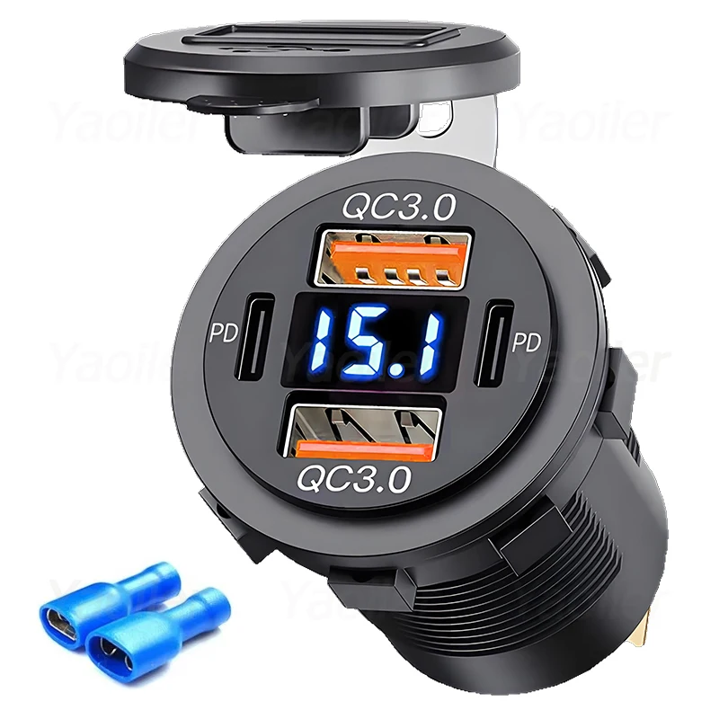 96W 4-Ports USB Car Charger Socket 12V/24V Dual Type-C PD3.0 & Dual QC3.0 USB Port with LED Voltmeter for Car Boat Motorcycle RV