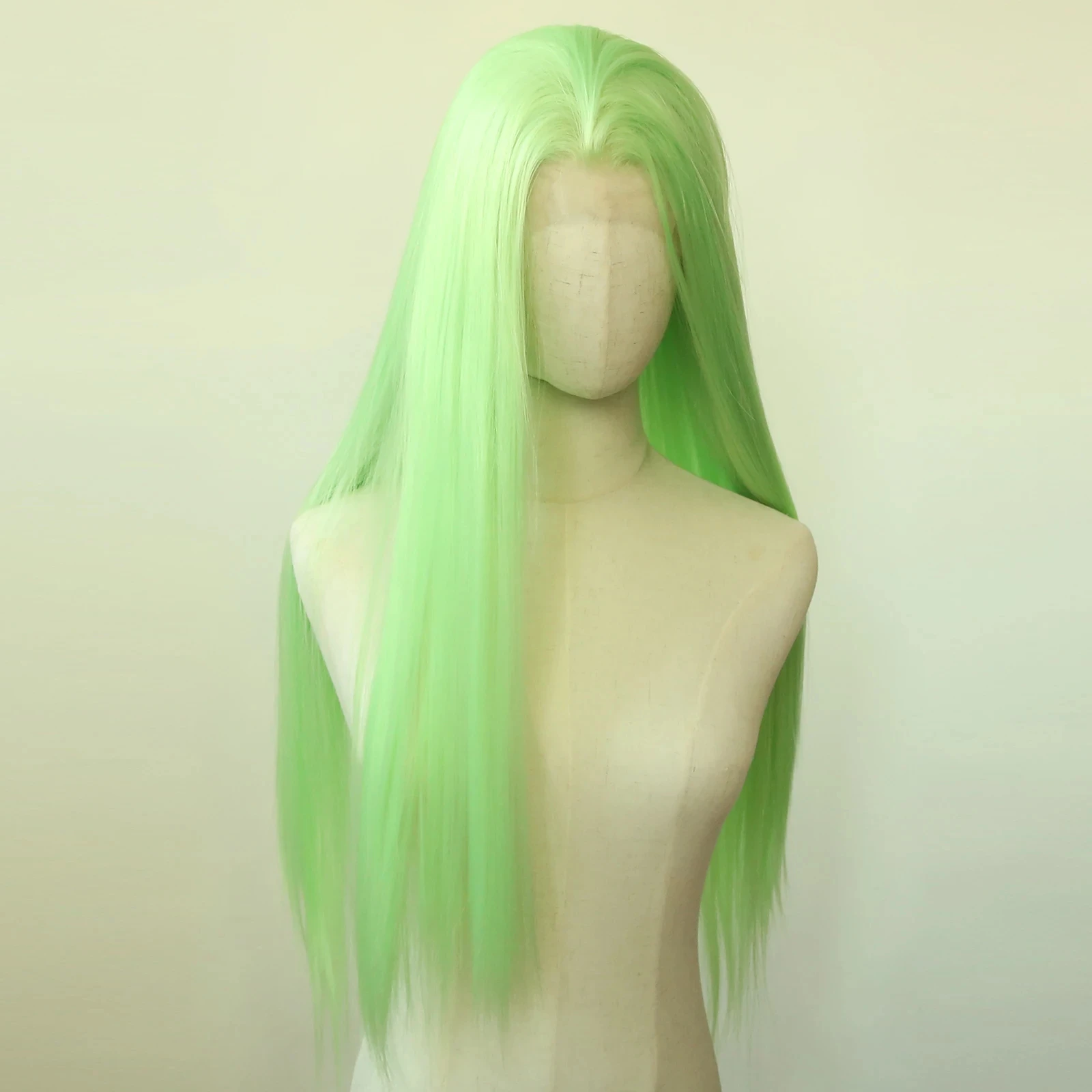 Hellgrüne synthetische Lace-Front-Perücke, lange gerade Lace-Front-Synthetik-Perücke, vorgezupft, hitzebeständiges Haar, Alltagskleidung, Cosplay