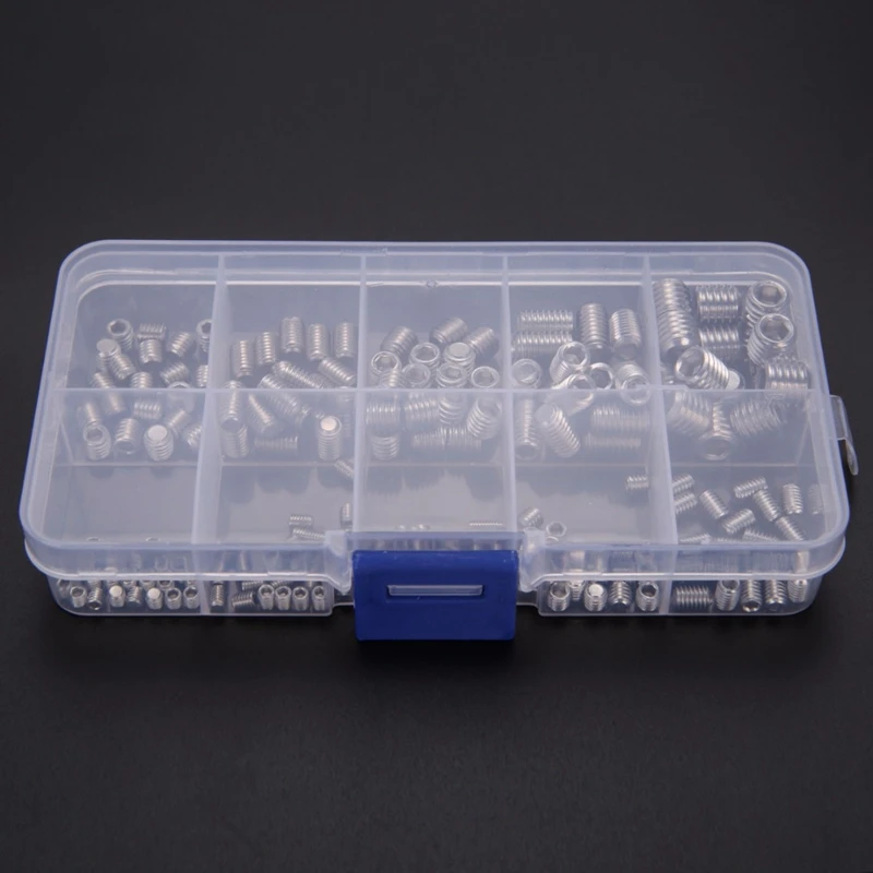 200Pcs 304 Stainless Steel Grub Screws Hex Socket Screw Assortment Kit Set M3/M4/M5/M6/M8