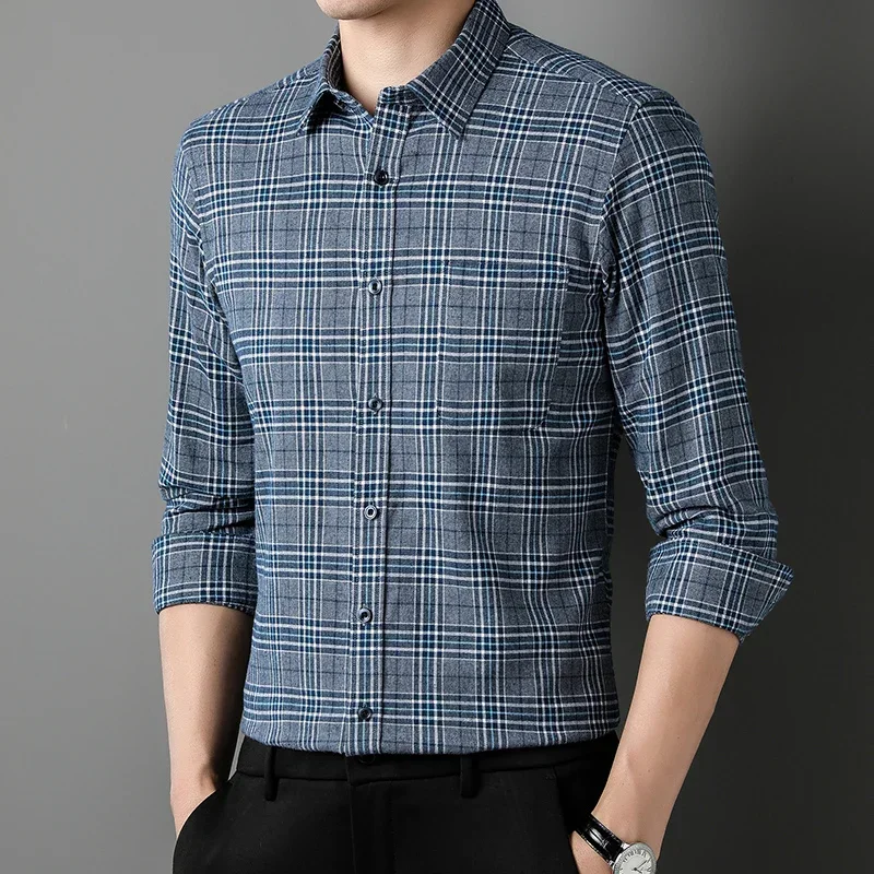 New in shirt 100%cotton sanding long-sleeve shirts for men big size plaid Smart Casual slim fit EnglandStyle soft office clothes