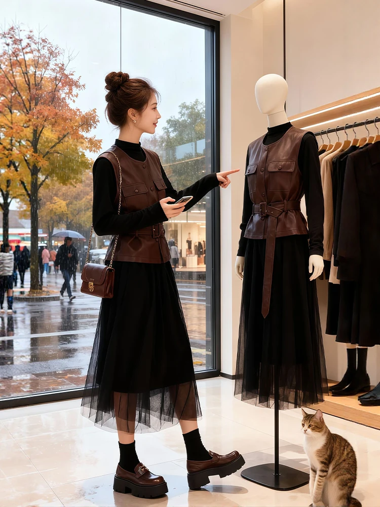 

Fall Faion plus Size Women's Brown PU Leather Vest And Pleated Dr Set Korean Sle ort Sve High Waist Warmth Clothing