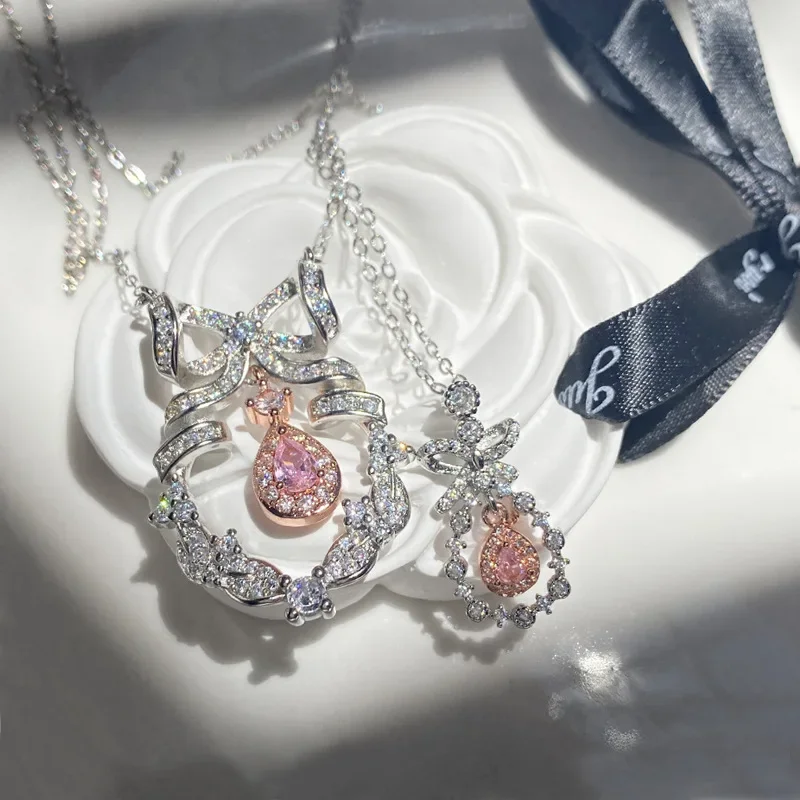 

MDL Moissanite Style Original New Niche Bow Pendant 18K Micro-set Full Of Diamonds Two-tone Teardrop Pear-shaped Necklace