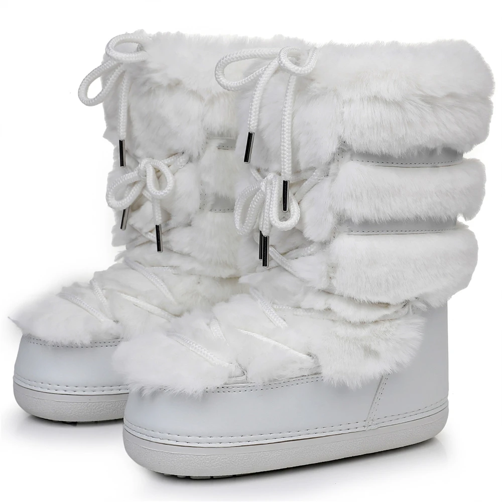 2024 Winter Snow Boots Women White Fur Boots Woman Luxury Thick Fluffy Furry Faux Rabbit Fur Lace-up Waterproof Warm Ski Boots