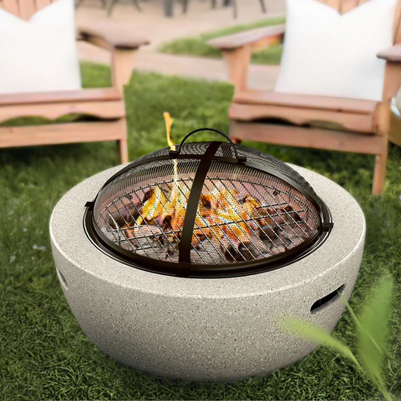 Round Outdoor Fire Pit Table Household Charcoal Brazier Garden Courtyard Barbecue Grill With Mesh Enclosure And Barbecue Net