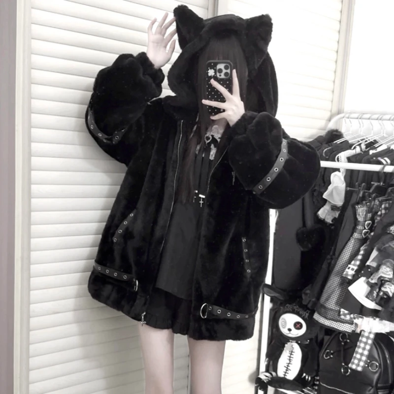 اليابانية ثقافة فرعية القوطية فو الفراء سترة شتاء جديد الفتيات الحلو كول الدافئة سميكة معطف الفرو النساء الألغام أفخم مقنعين سترة #5