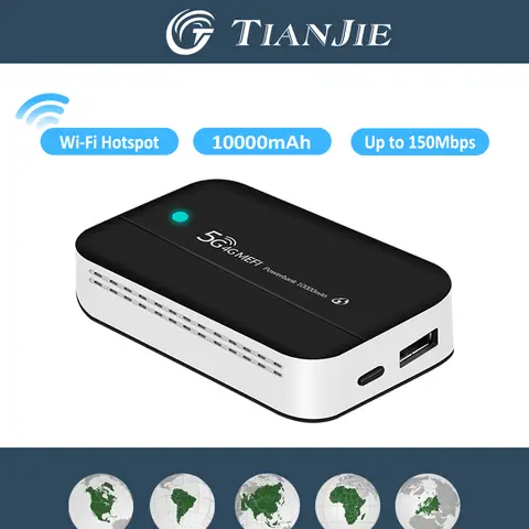  TIANJIE PW100 4G LTE 모바일 Wifi 핫스팟 라우터, 10000mAh 보조베터리, 150Mbps 고속 WiFi, 휴대용 무선 Mifi 라우터