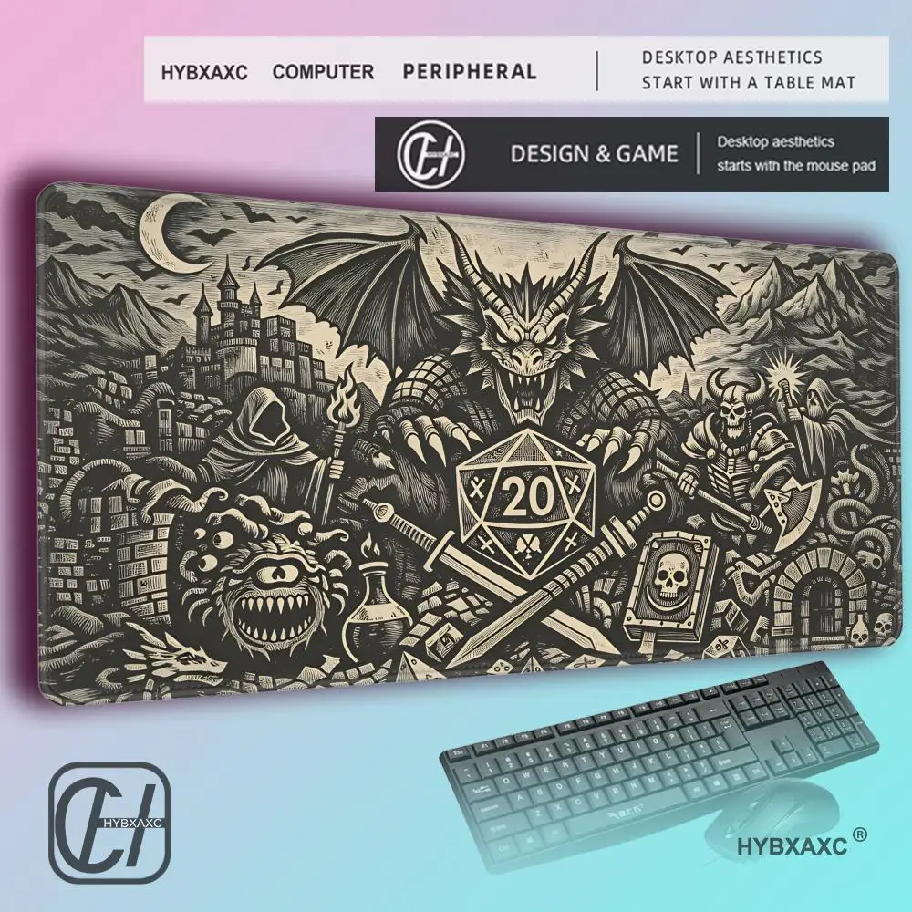 HYBXAXC DND Desk Mat Gothic Fantasy Dice Dragon Monster Tabletop Mousepad D20 Art Beholder Skeleton Mage Medieval Decor